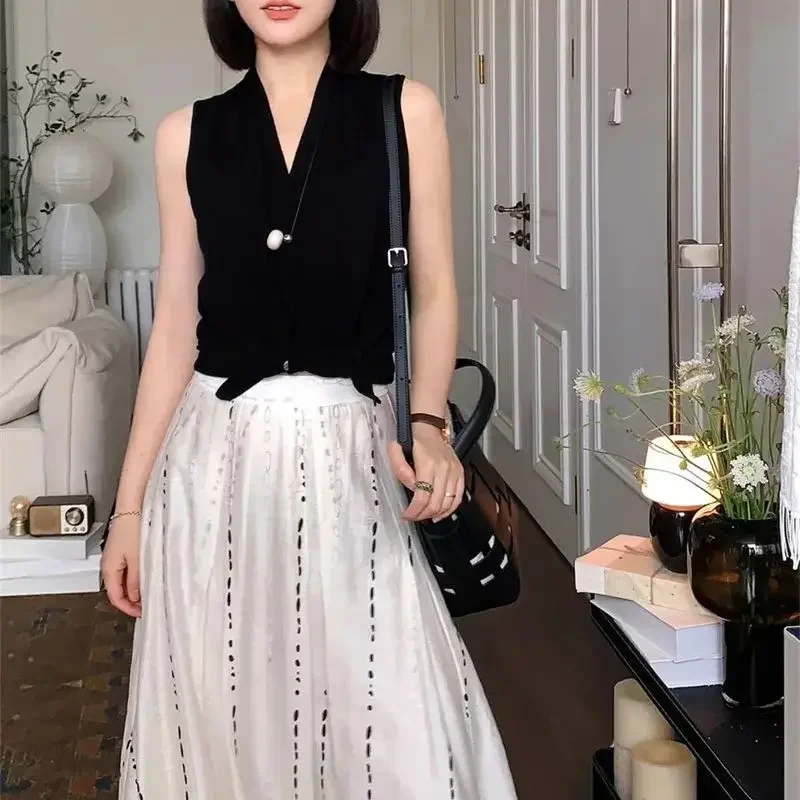 ฤดูร้อนใหม่ภาษาฝรั่งเศสคํากระโปรงผู้หญิงวินเทจแฟชั่นลายพิมพ์สูงเอว Casual หลวม A-Line Midi กระโปรง Elegant Jupe