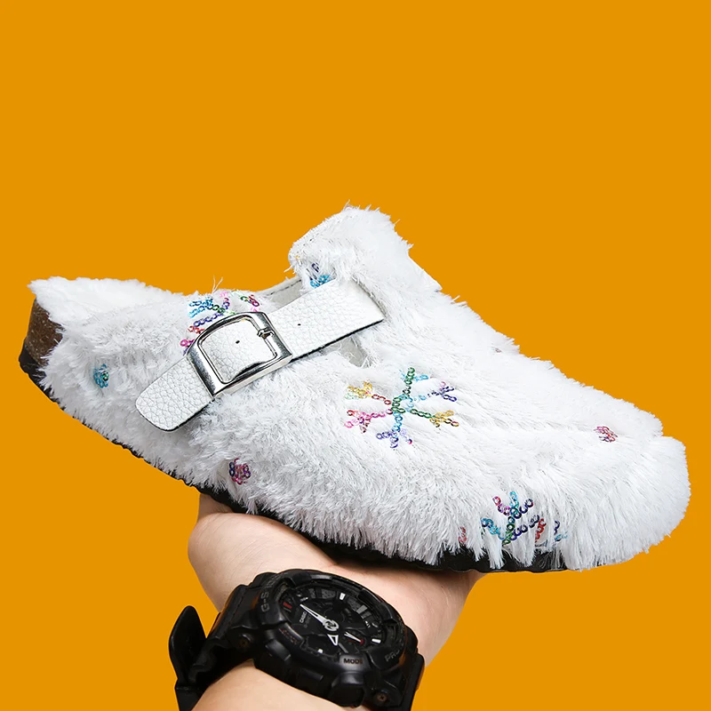 New High Quality Winter Fur Clogs Men Slides Women Slippers Mules Cork Indoor House with Arch Support Leather Outdoor Half Shoes