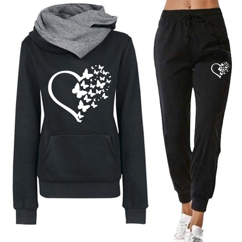 

Lovely Heart Printed Hoodie and Black Jogger Pants Autumn Women Casual Fashion Tracksuit Hooded Pullover 2pcs Set Fitness Outfit