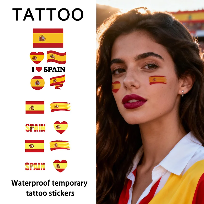 Spain Flag Temporary Tattoo Sticker, Long-lasting and Waterproof, Festival, Football, Soccer Fan Stickers, Arm, Face