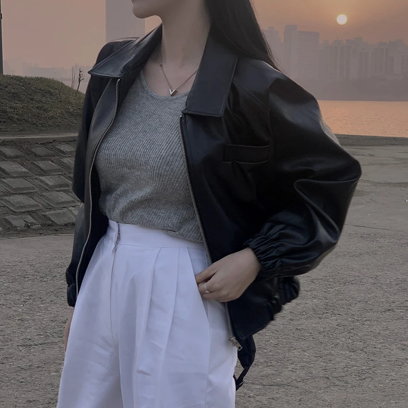 Chic Spring Casual Loose ort Svel PU Leather Jaet Women's Faionable Collared Long Sve ort Sle Outerwear