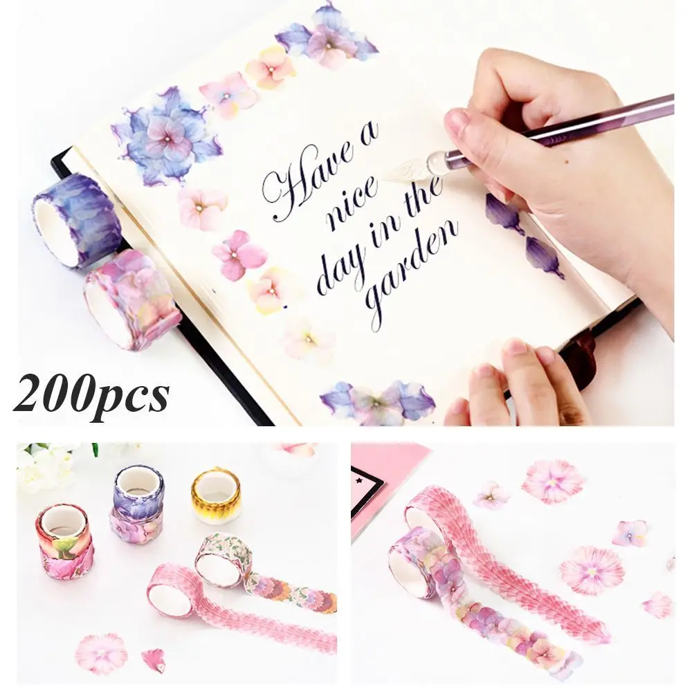 200PCS Adhesive Sticker Decorative Masking Tape Scrapbooking Flower Petals Tape Sticky Paper