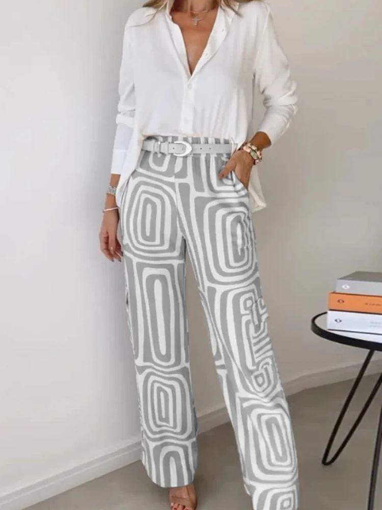 Fashion Vintage Vacation Suits Female Clothing Casual Suit Women Digital Print Fashion White Shirt Loose Trousers Two-piece Set