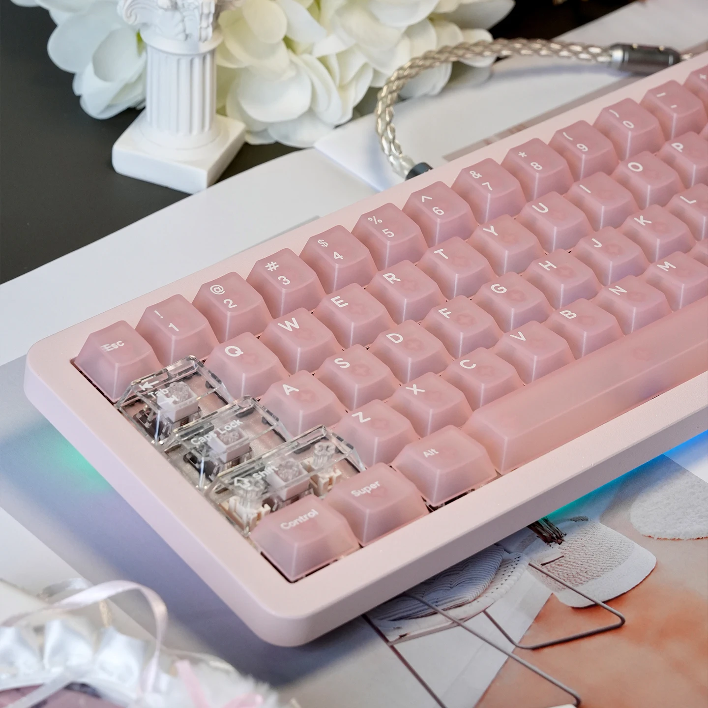 132 Keys Pink Fog Transparent Keycaps Cherry Profile PC Keycaps Shine Through Keycaps Sets For MX Mechanical Keyboard