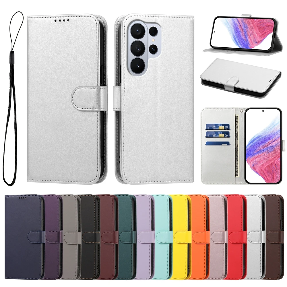 Luxury Solid Color Magnetic Flip Leather Wallet Case For Samsung Galaxy S26 S25 S24 S23 S22 FE Plus Edge Ultra Stand Back Cover
