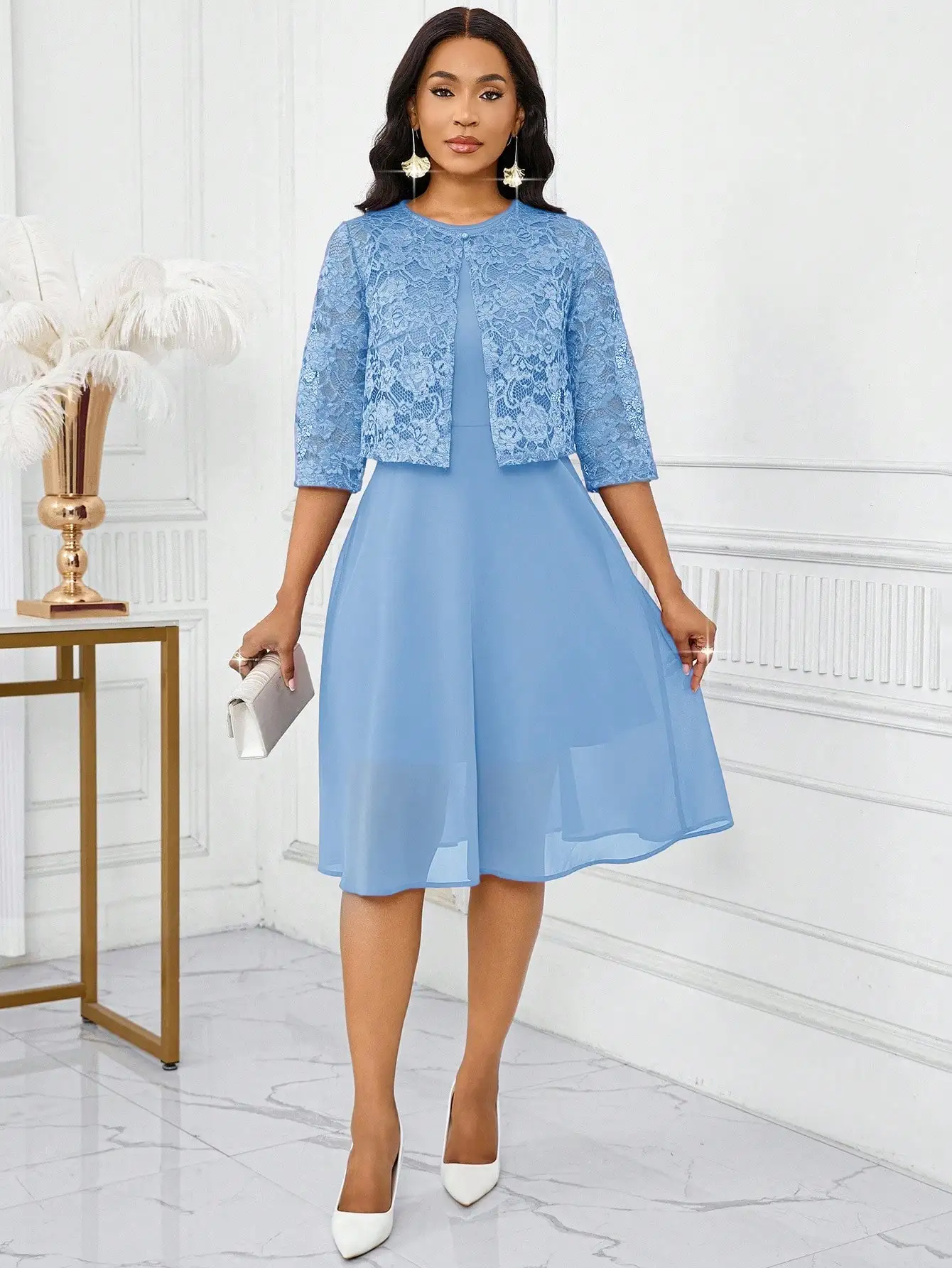 

Elegant Blue Lace Overlay Two Piece Dress Set For Women