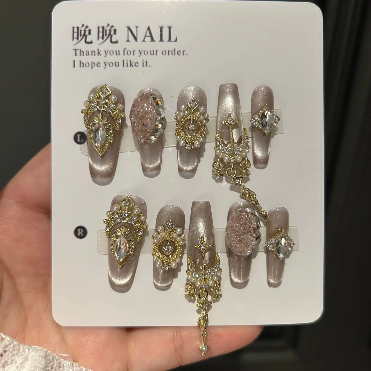 Vintage Elegant Press On Nails Champagne Gold Pearl Rhinestone Design With Gold Metal Rhinestone Multiple Sizes  Royal Court