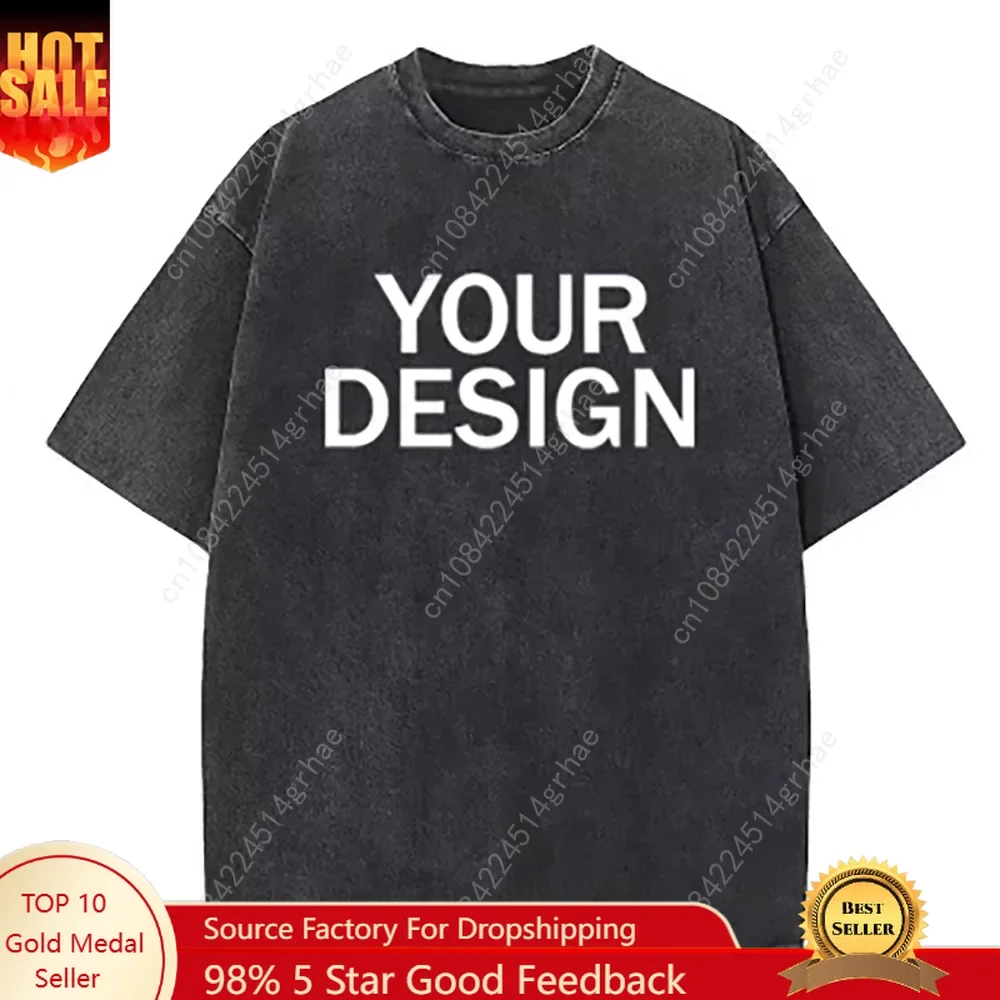 

Retro T-shirt 2025 pure cotton old-fashioned dark color washed distress short-sleeved casual rock top for men and women