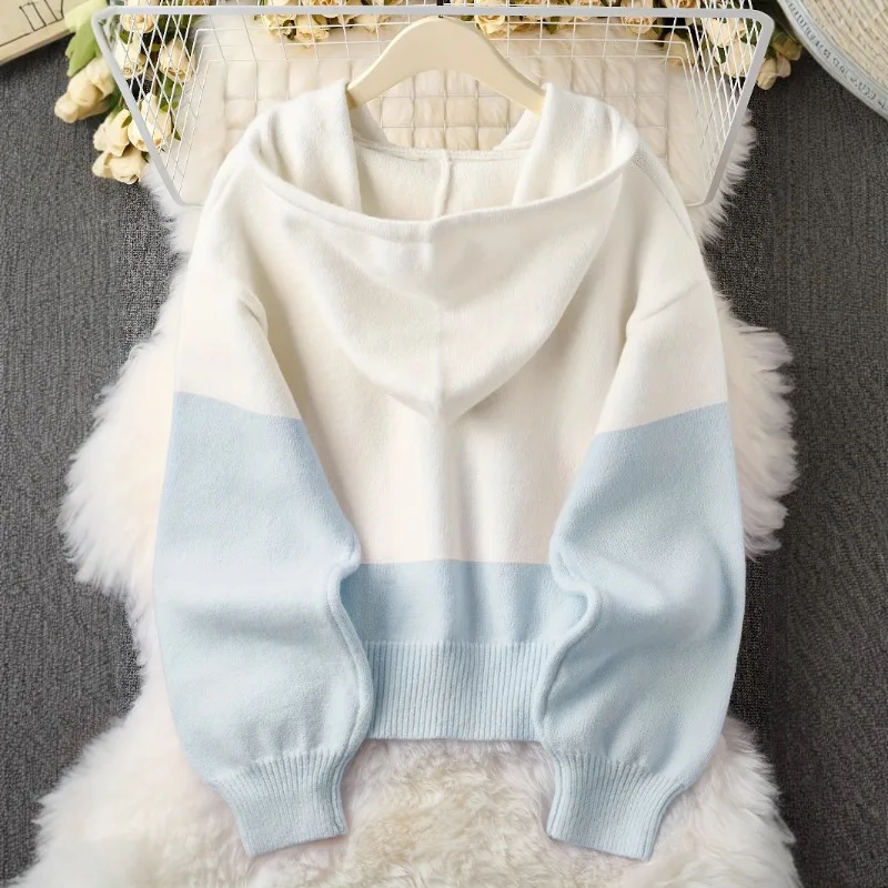 เสื้อคลุมคาร์ดิแกนไหมพรมแบบมีฮู้ดไล่สี เสื้อยืดแขนยาวลำลองแบบกระดุมแถวเดียวสำหรับผู้หญิง เสื้อฮู้ดมีเชือกผูก