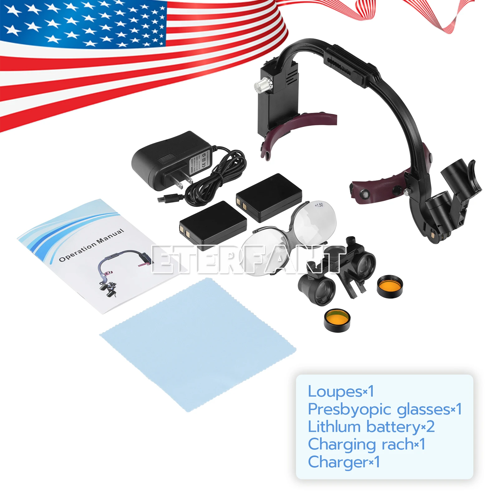 ETERFANT 3,5 x 420 mm Dental-Chirurgie-Stirnband-Fernglaslupen mit 5 W LED-Scheinwerfer, 2 LEDs, Schwarz