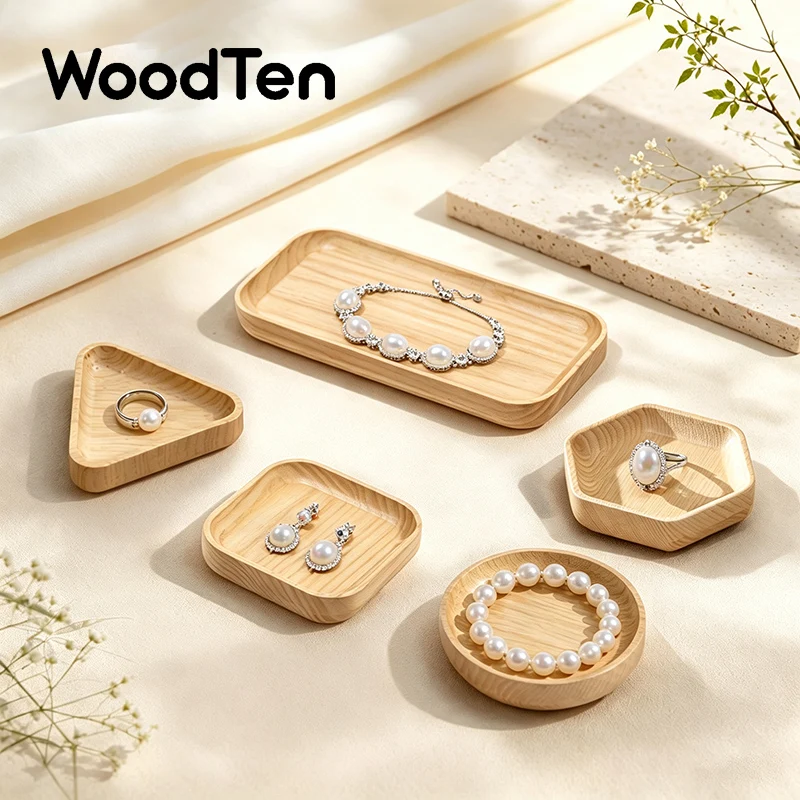 WoodTen Jewelry Tray Solid Wood Jewelry Organizer Tray Desktop Ring Earring Display Prop Necklace Bracelet Storage Viewing Plate