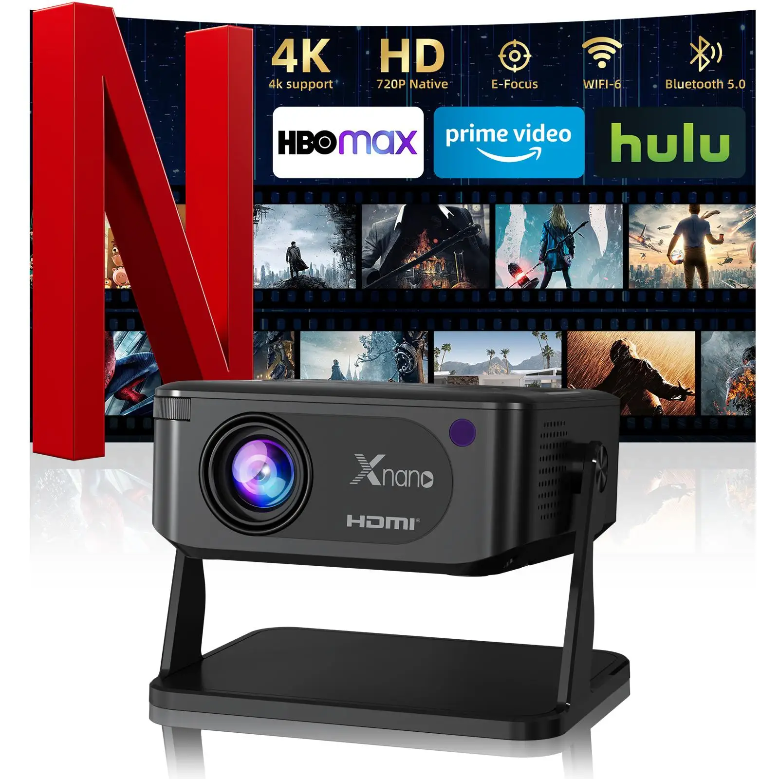 HA109 Smart Projector Native 720P 4K Decode 130ANSI Android 11 WiFi6 Bluetooth5.0 270° Rotatable Home Theater Projector