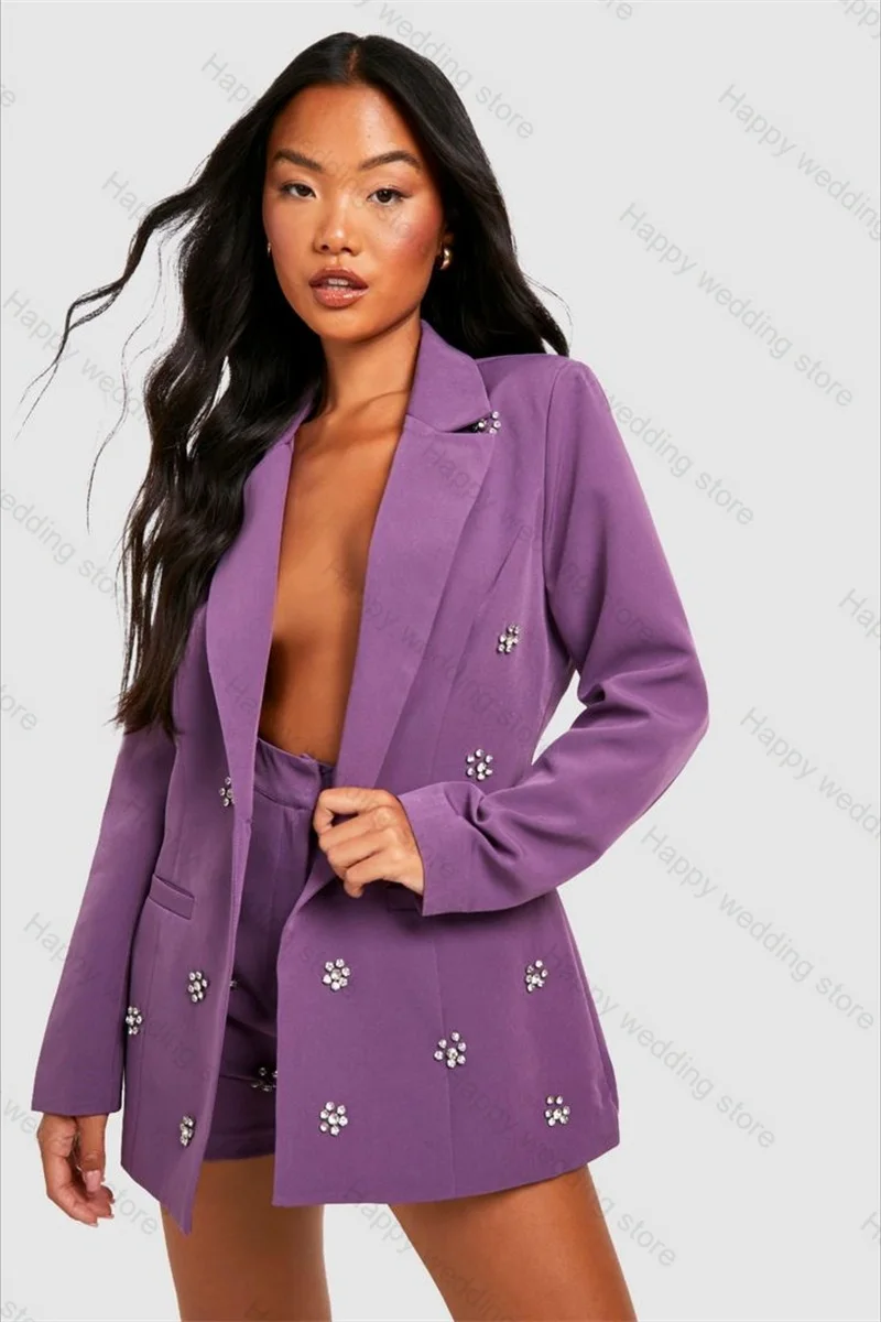 Purple Crystals Women Suit Set Blazer+Short Pants 2 Pieces Formal Wedding Tuxedos Custom Made Jacket Red Carpet Outfit Coat