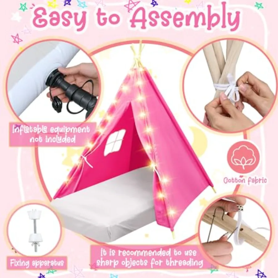 6er-Pack Tipi-Zelte für Übernachtungen mit Matratze, Laken, Leicht, Natürliche Baumwolle, Waschbar, Indoor-Spielzelt für Geburtstage und Pyjama-Partys