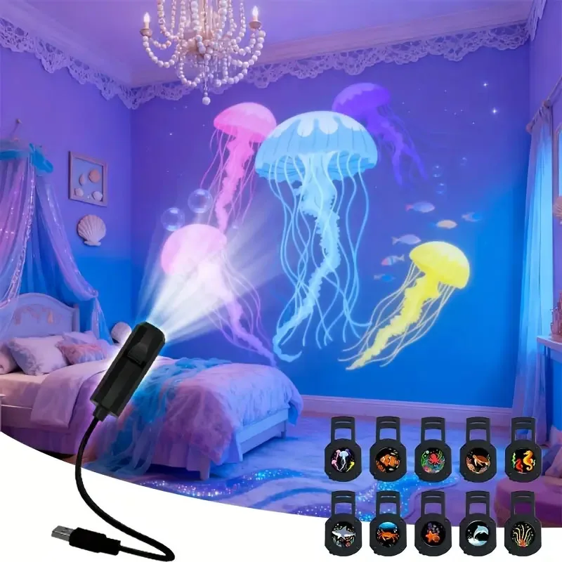 USB Plug-in Lights Turtle Jellyfish Giant Octopus Patterns Projector Light 360° Rotation Adjustable for Walls Ceilings Best Gift