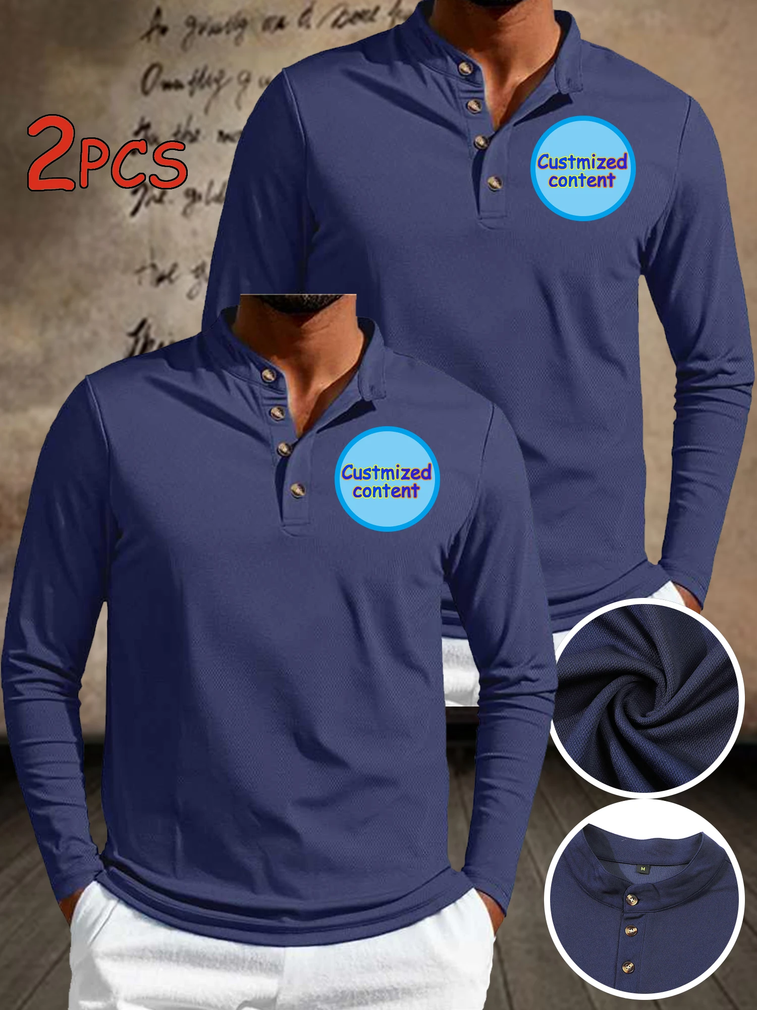 Comfortable and breathable polo shirt with long sleeves, can DIY chest print pattern, 2PCS, can be gifted to friends and family