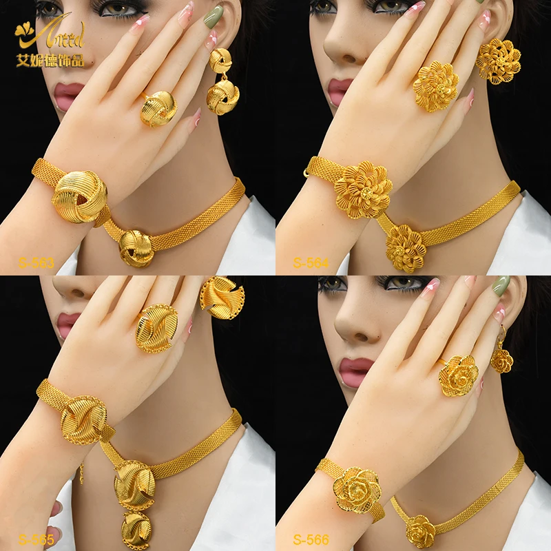 

Indian Luxury Necklace Jewelry Sets For Women Dubai Gold Color African Arabic Wedding Bridal Collection Sets Earring Jewellery