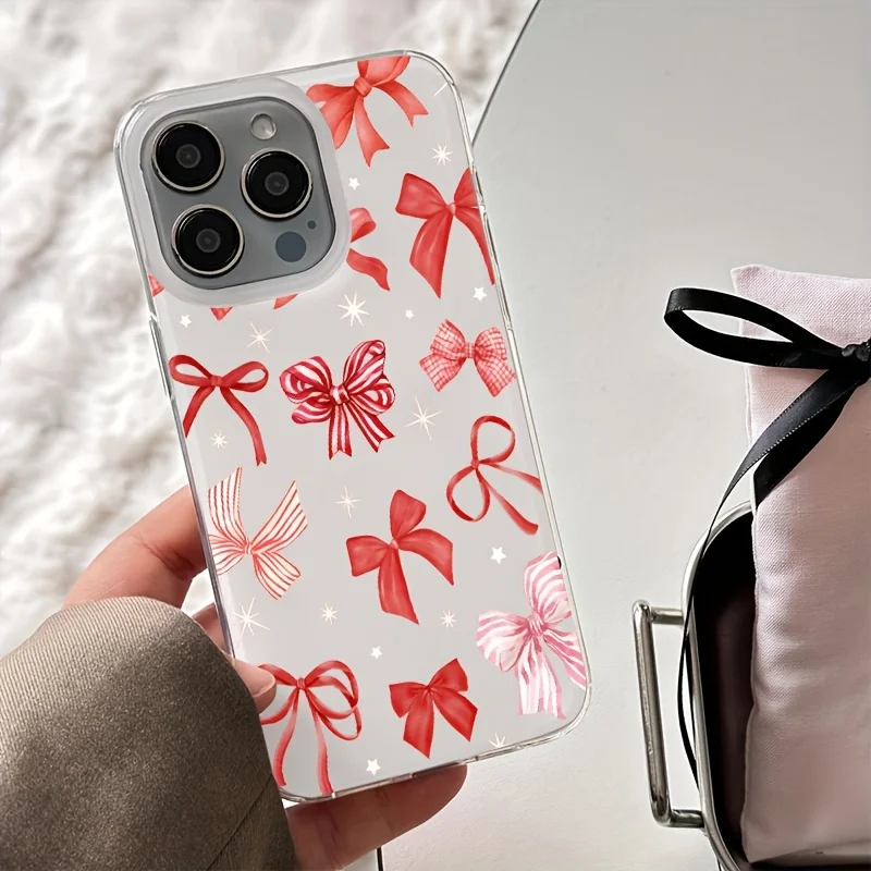 Red Pink Bow Korean Phone Case For Samsung Galaxy S24 S25 Plus S23 S26 Ultra A57 A17 A27 A56 A55 A36 A06 A07 Clear Bumper Cover