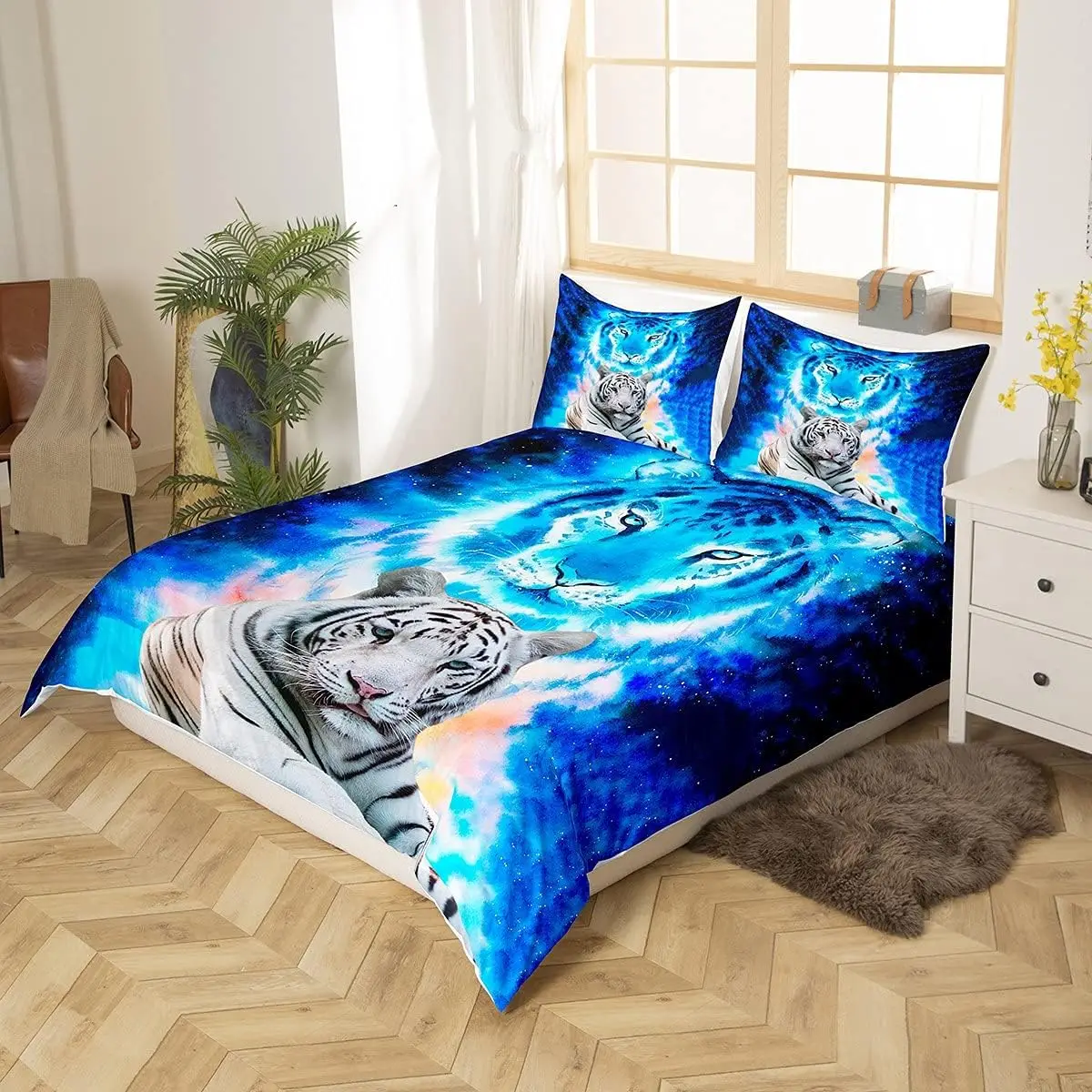 Tiger Print Duvet Cover Wild Animal Theme Comforter Cover Blue Galaxy Bedding Set For Kids Adults Wildlife Safari Cat Print
