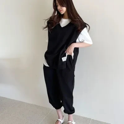 Fashionable Fleece Lined Oversized Sweater And Pants Set for Women Casual V Neck Open Split Loose Fit Autumn Winter Outfit