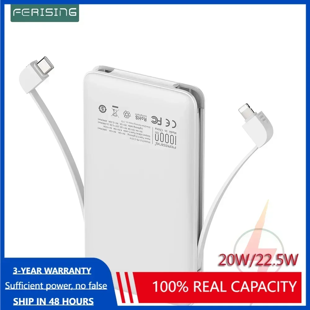 

FERISING-Dash Charger with Cable Power Bank, Portable Battery, PD20W 10000mAh Powerbank for Oneplus 13, 5A, 22.5W, VOOC Dash C