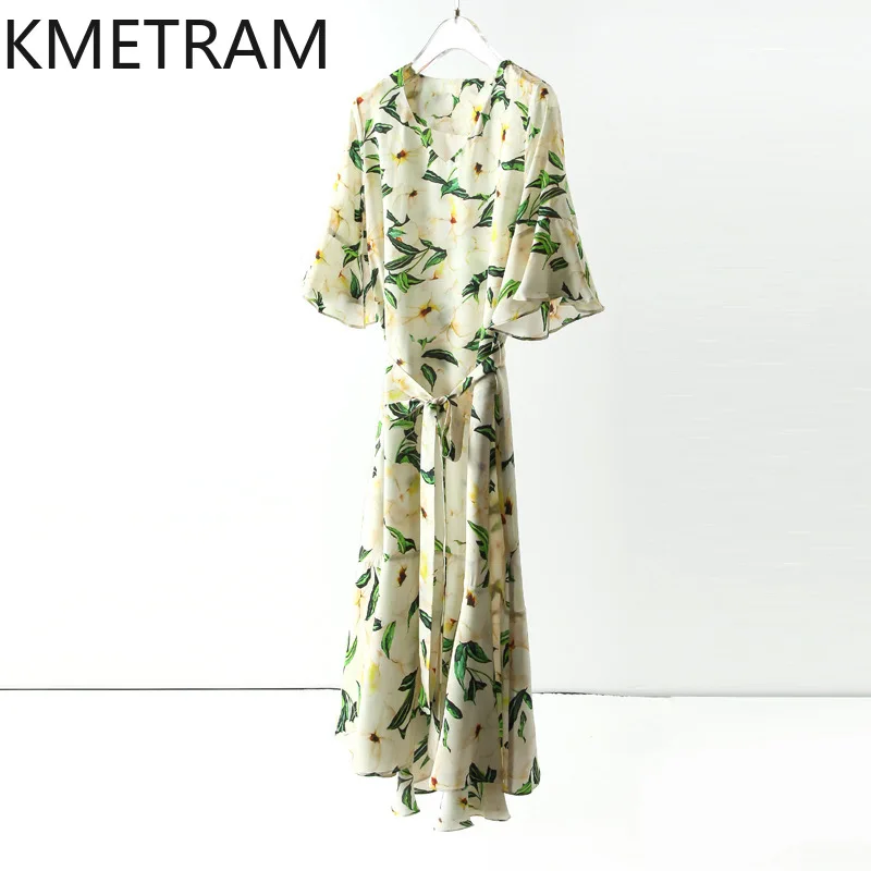 KMETRAM 100% Mulberry Silk Fishtail Dress for Women French 2024 Ruffled Floral Maxi Skirt Summer Mid-length Women's Clothing New