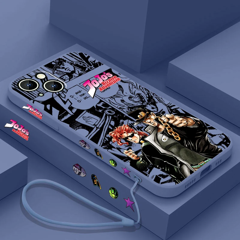 Japanese anime JOJO Kujo Jotaro For Apple iPhone 15 14 13 12 11 Pro Max Plus 8 7 SE Liquid Left Rope Phone Case Capa Soft Cover