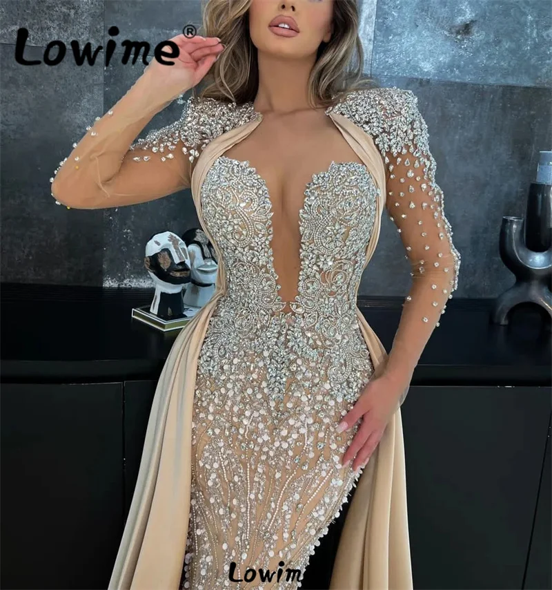 Heavy Crystals Customized Evening Dress Celebrity Dresses 2024 Long Sleeves Mermaid See Through Beaded Wedding Prom Party Dress