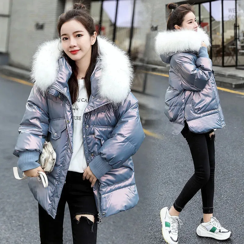 

Nice New Women Winter Jacket Hooded Thick Short Jacket Solid Casual Glossy Warm Cotton Padded Parkas Fur Collar Winter Coat