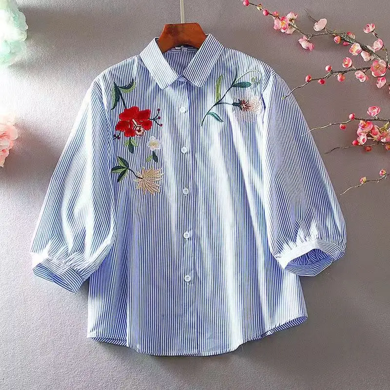 Vintage Embroidery Loose Blouse Summer New 3/4 Sleeve Polo Neck Solid Striped White Shirt Tops Casual Fashion Women Clothing