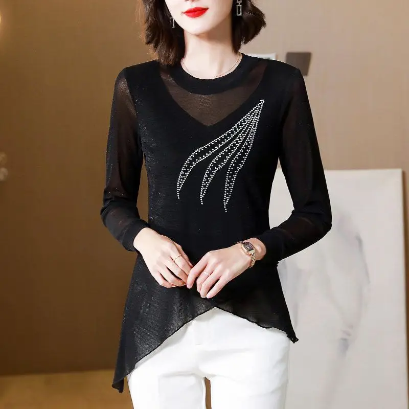 

Autumn Fashion Irregular O-neck Long Sleeve T-Shirt Ladies All-match Diamonds Slim Pullover Undercoat Women Clothes Office Lady