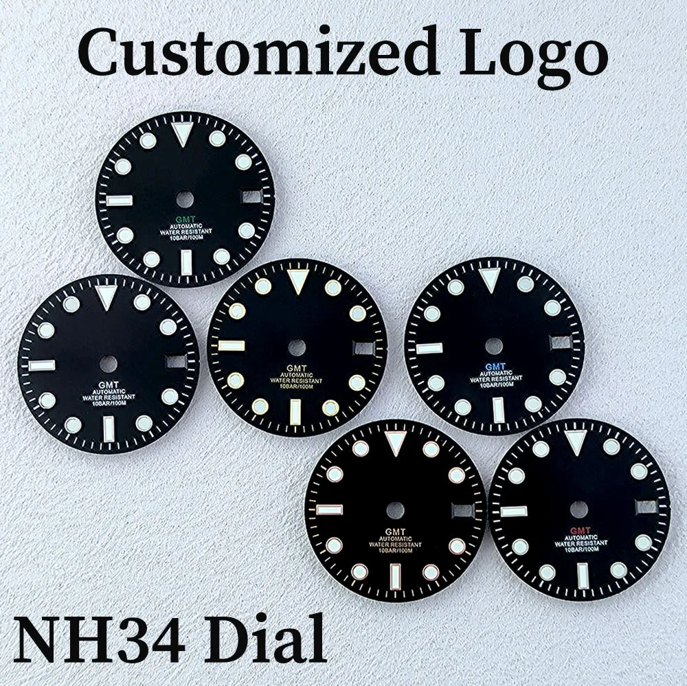 29mm NH34 Dial Customized Logo Dial GMT Dial Green Luminous Fit NH34 Movement Automatic Watch Accessories