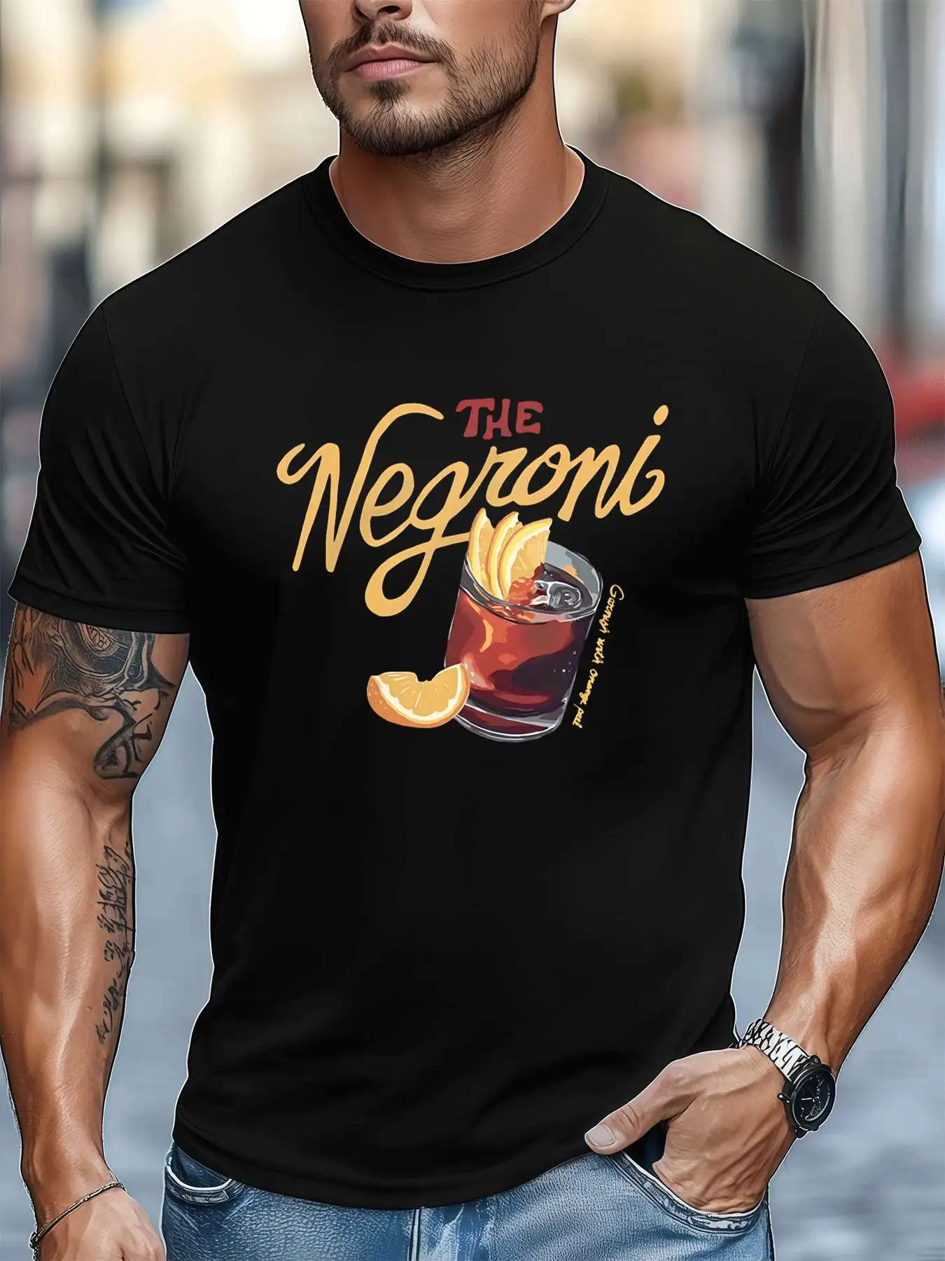 

Negroni Cocktail Graphic Tee Men's 220gsm New Summer Casual Crew Neck Pure Cotton Short-Sleeved T-Shirt