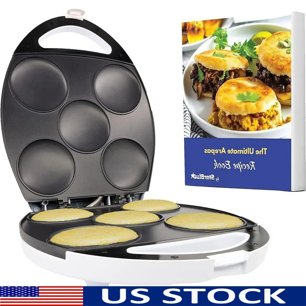 Máquina eléctrica para hacer tortitas Arepa, antiadherente, 5 Round Arepas, cocción rápida, fácil de usar, incluye libro electrónico de recetas gratis