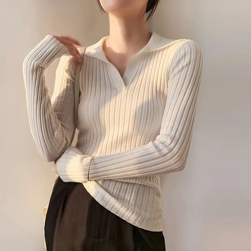 

Knitwears Black Slim Turn Down Collar Knitted Sweater Women Pullovers Fashion Long Sleeve Knit Sweater Pullover Women Tops Q3245