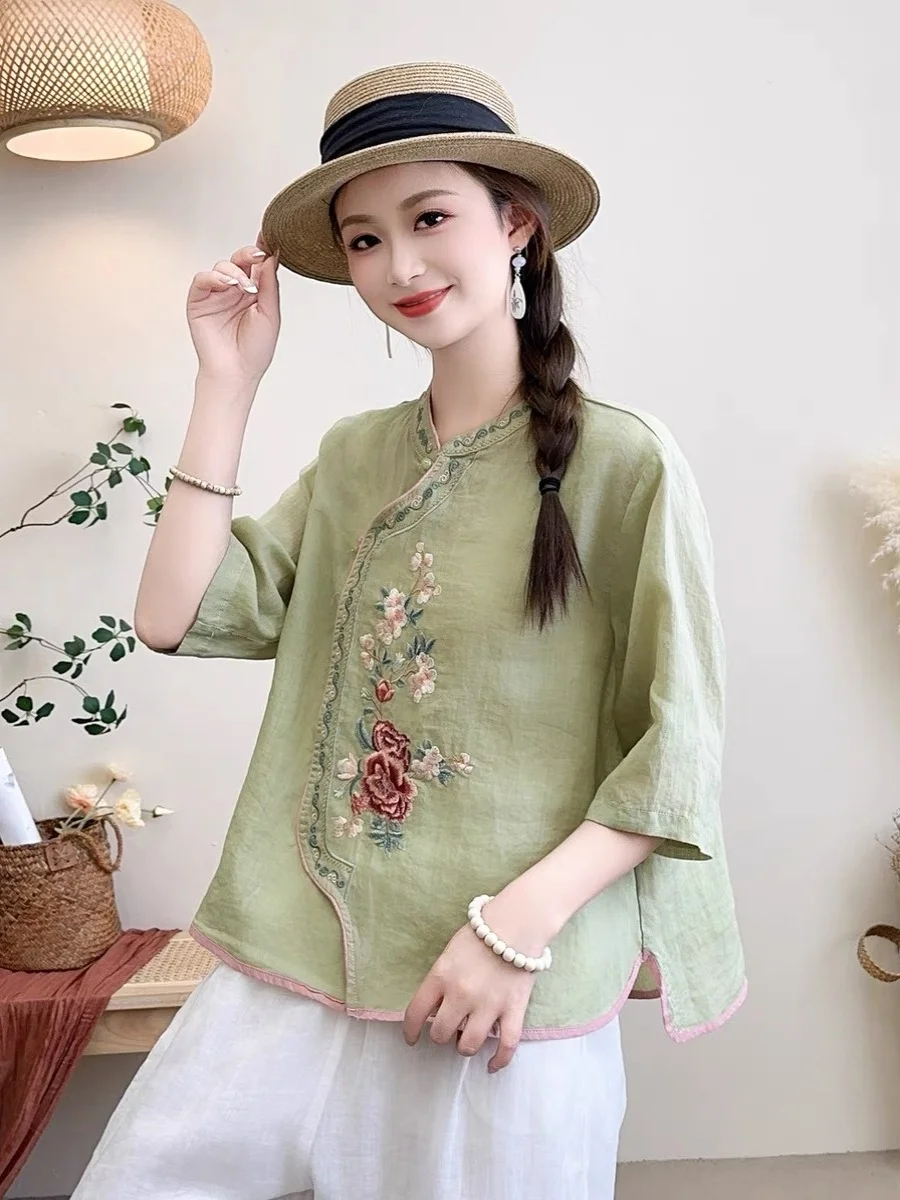 Artistic Retro Cotton Linen irt New Chinese Sle Peony Embroidery Stand Collar Top Summer New Arrival Women's Busin Cas...