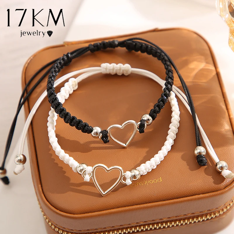 17KM 2Pcs Silver Color Bracelets Set Couple Heart Adjustable Bracelet for Women Trendy Chain Charms Bangles Jewelry Anniversary