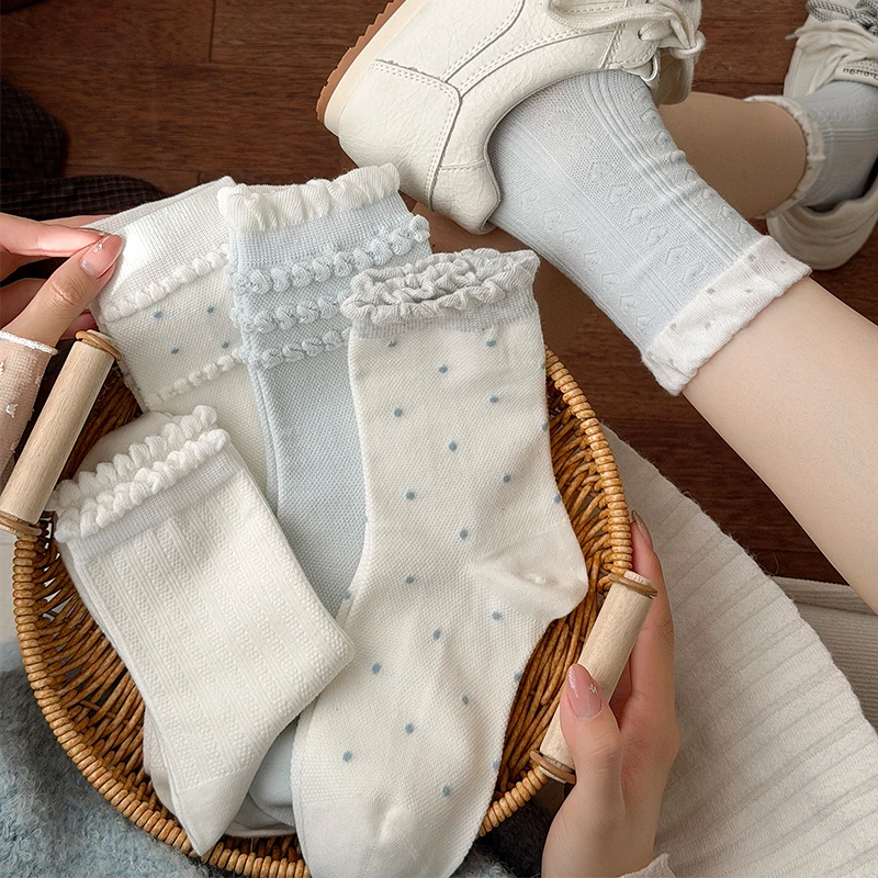 1/5 Pairs Women Soft Cotton Mid Calf Socks Frilly Ruffle Edge Polka Dot Textured Knit Socks All Season Wear Kawaii Casual Socks