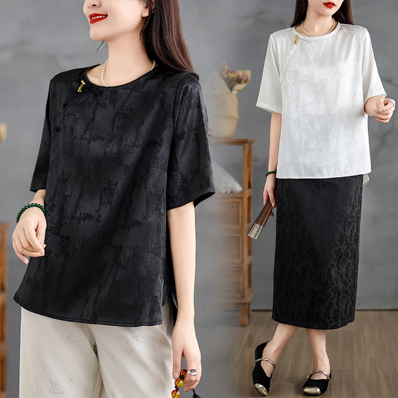 

Ele Silk Women's ort Sve T-irt Button Design Summer New Sle Small ence National Sle Flower Pattern Traditi...