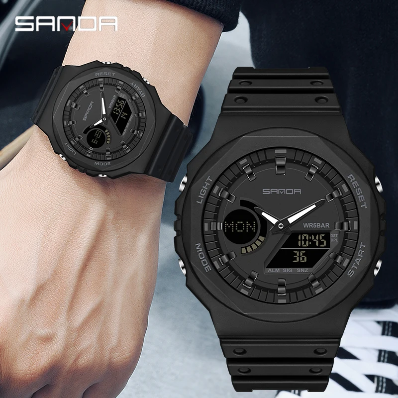 Sanda Top Luxe Heren Quartz Horloges Waterdicht Heren Militair Sporthorloge Relogio Masculino Dual Display Led Digitaal Polshorloge