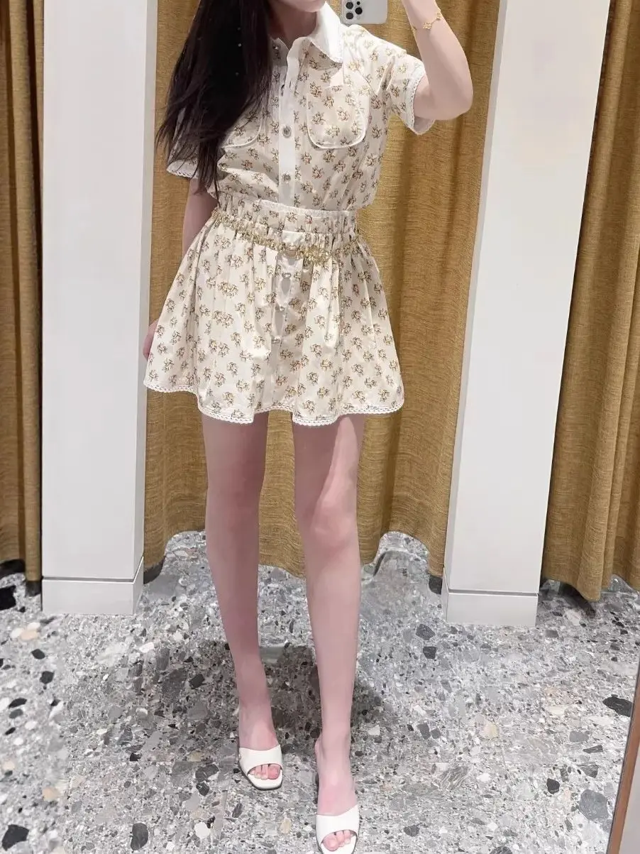 

Women Floral Printed 2-Piece Set Color Patchwork Turn-down Collar Single Breasted Short Sleeve Shirt + Elastic Waist Mini Skirt