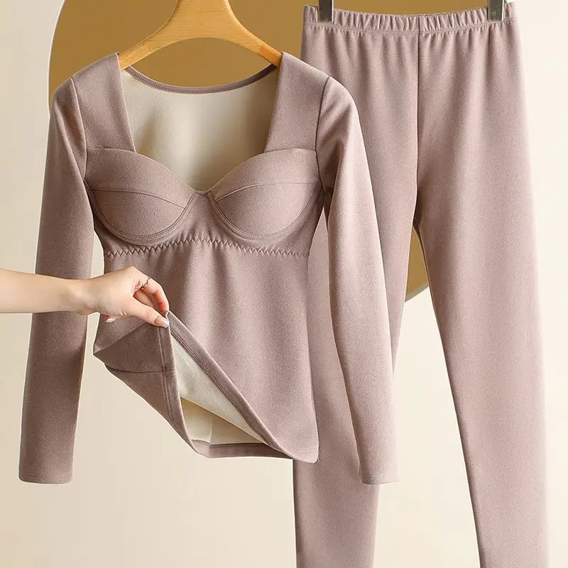 Women's Autumn Winter Outfits New Derong Comfortable and Warm Underwear with Chest Cushion One Piece Warm Coat Set of Two