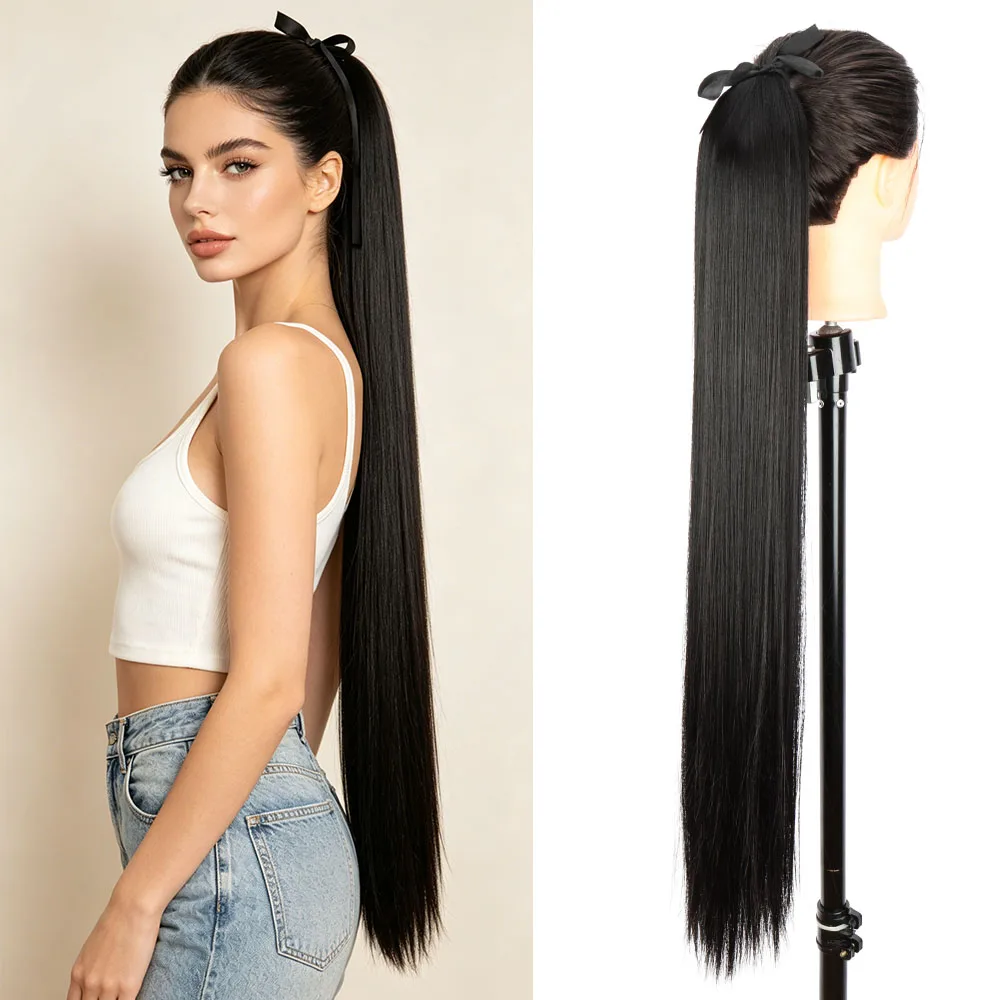 34Inch Synthetic Long Straight Wrap‑Around Ponytail Hair Extension Drawstring Clip Hairpiece for Daily Party Cosplay Hairstyle