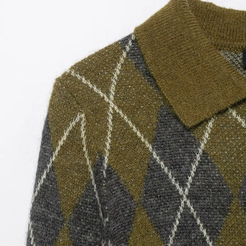 Rétro diamant motif col tricots Olive een couleur Blo haut ajusté pour les femmes automne hiver nouveau Sle