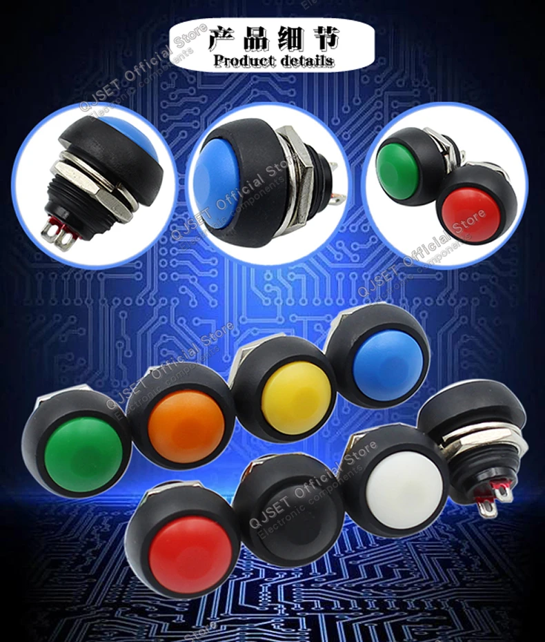 7-teiliges PBS-33B-Set, Mini-Druckknopf aus Kunststoff mit rundem Kopf, EIN/AUS-Tastschalter, 2-polig, 12 mm, wasserdicht, Power-Reset, nicht verriegelbar – Detail 4