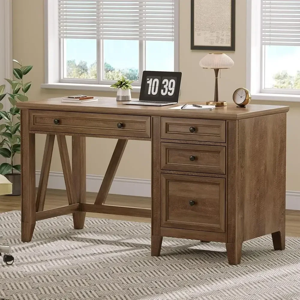 54 Brown Executive Desk with Drawers, Home Office Desk featuring Charging Station for Studying and Writing