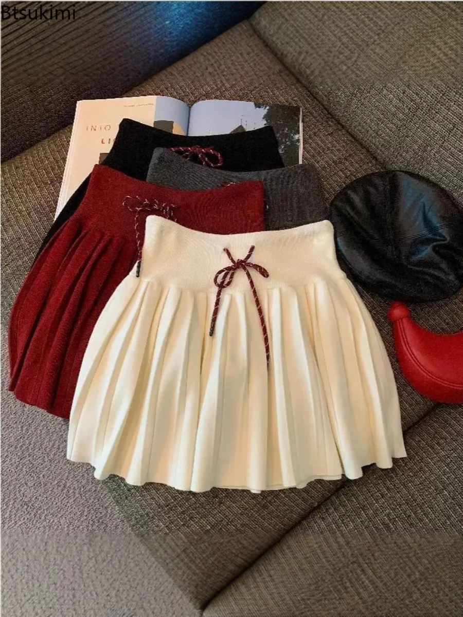 

Women Vintage Knitted Mini Skirt Spring Sweet Solid High Waist Lace Up Casual Skirts Korean Simple Retro Pleated Ball Gown Skirt