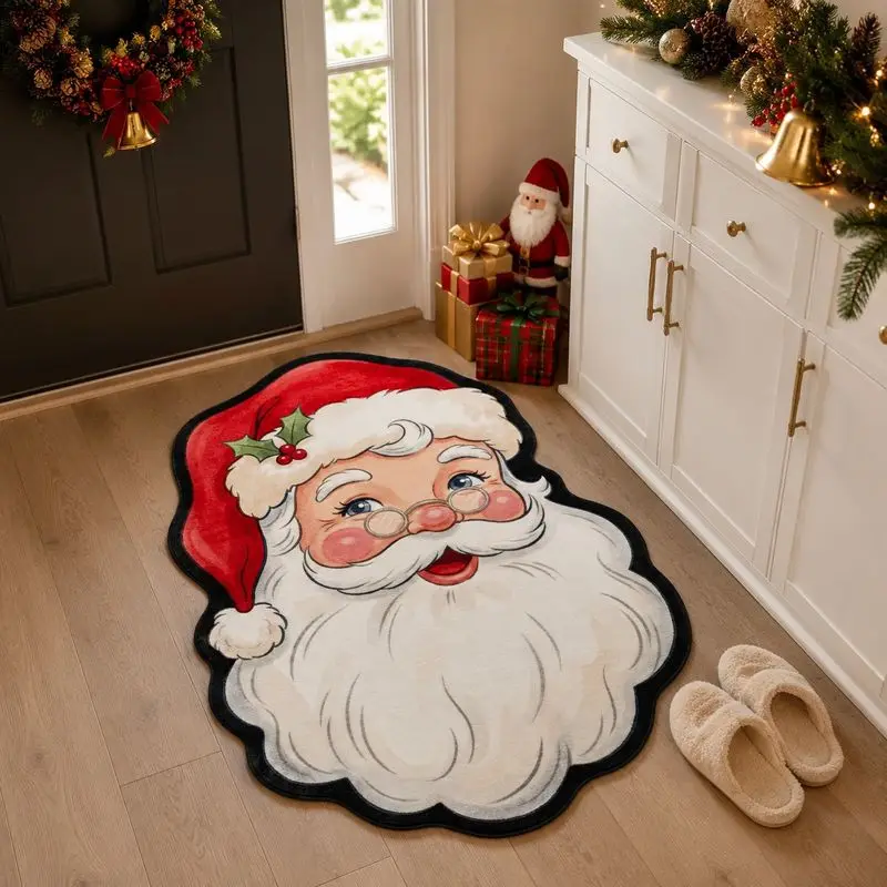 VIKAMA Santa Claus Head Rug Irregular Shape Candy Cane Beard Non Slip Soft Flannel Floor Mat for Bedroom Living Room Christmas