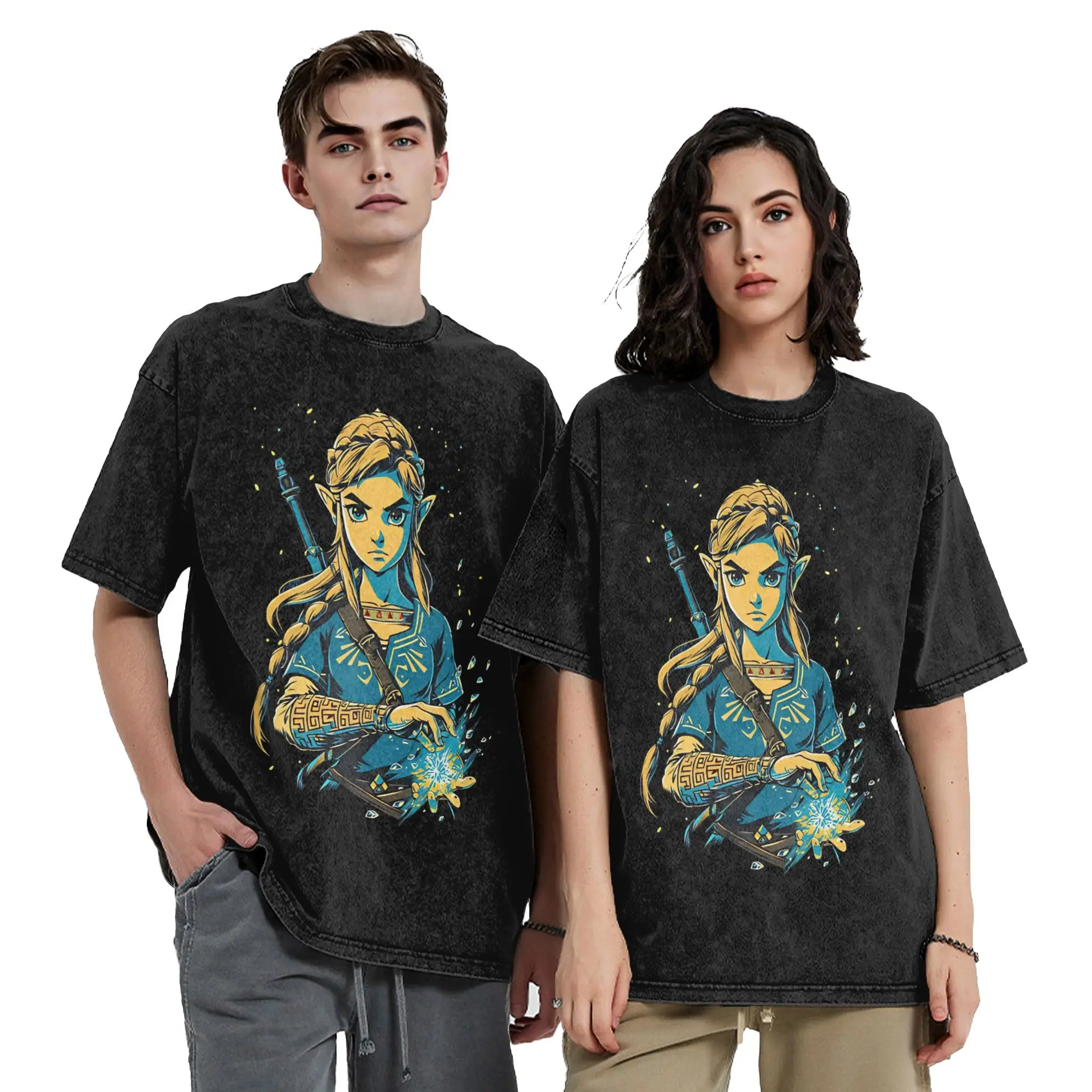 Zeldas Legend Link Washed T Shirts Streetwear Retro T-Shirt Game Anime Tee Shirt Men Women Short Sleeve Street Printed