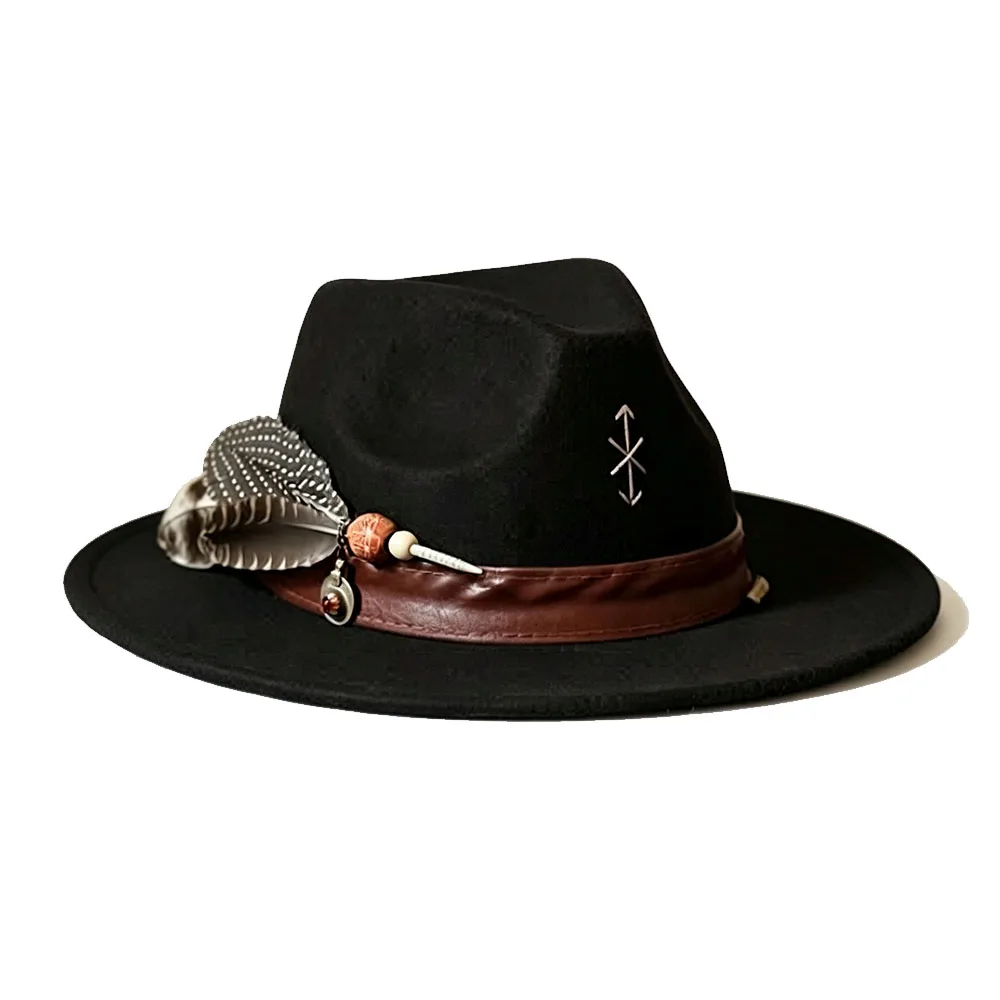 Vintage Gothic Fedora Hat with Poker Card Feather Pack Metal Chain Crescent Moon Velvet Band Woolen Jazz Hats for Women Men